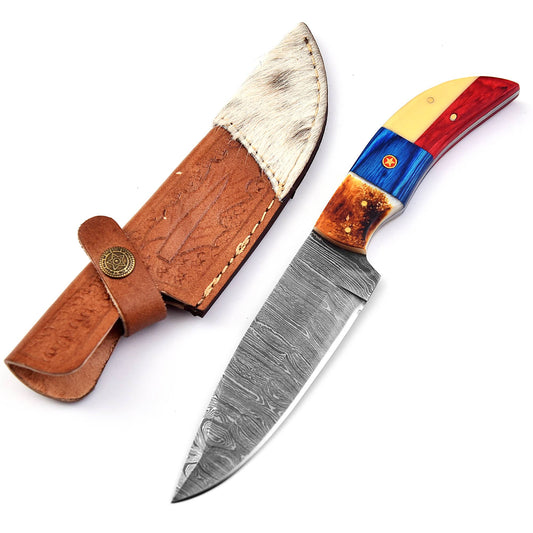 Damascus Steel Skinning Knife – Bone & Pakka Wood Handle with Leather Sheath
