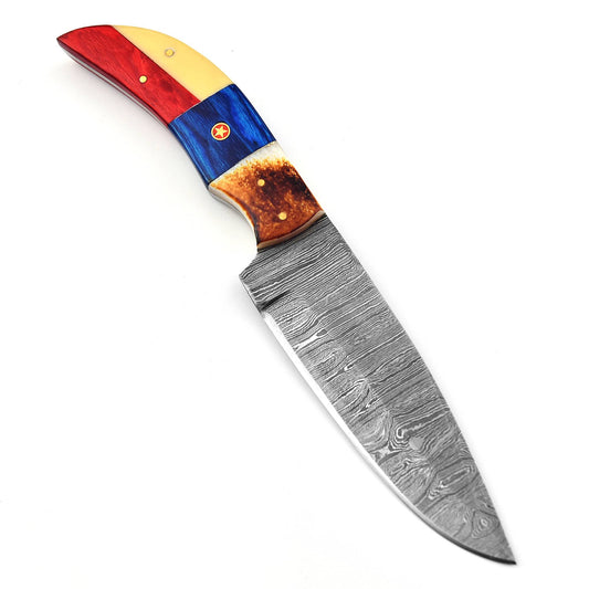 Damascus Steel Skinning Knife – Bone & Pakka Wood Handle with Leather Sheath
