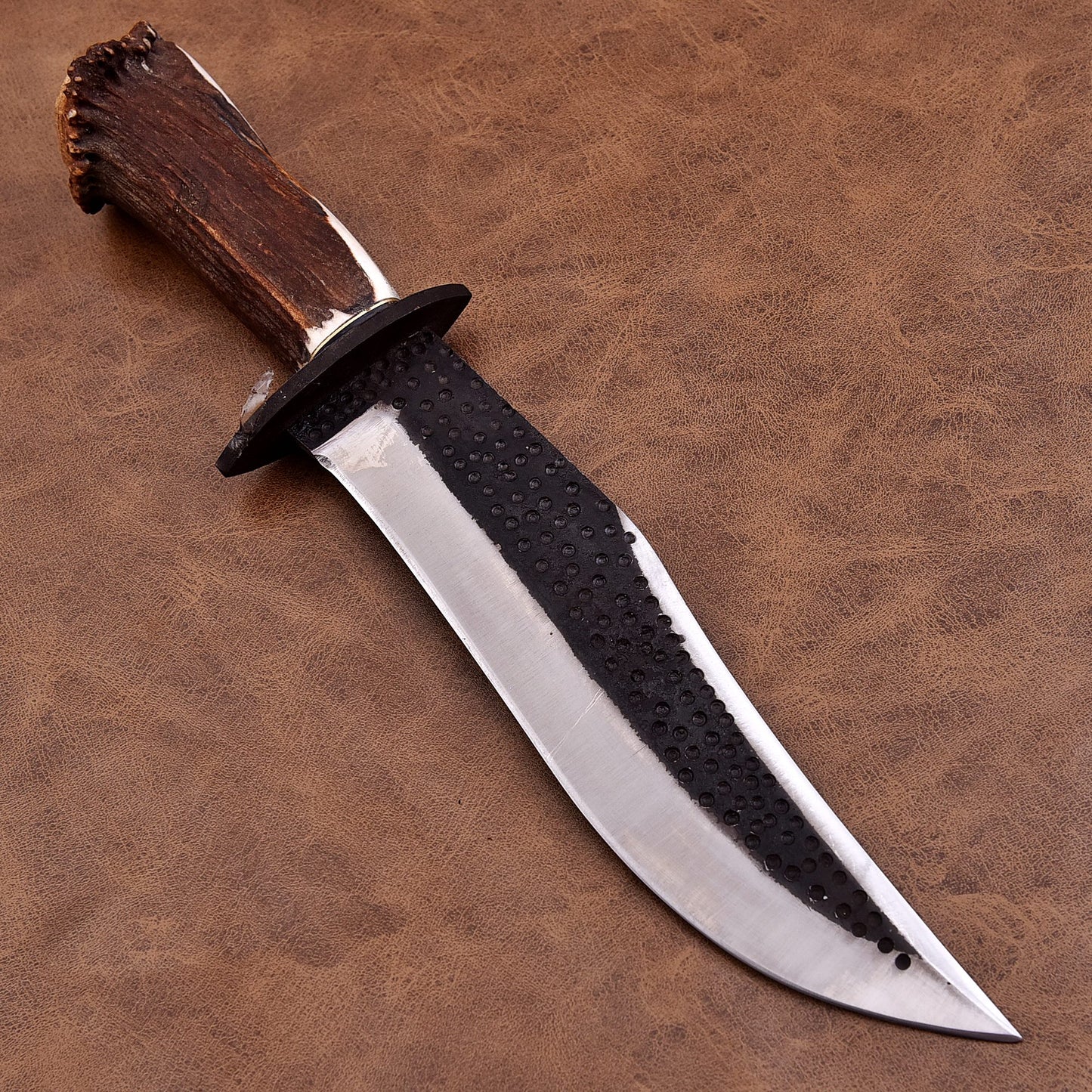 Carbon Steel Bowie Knife with Genuine Stag Handle & Leather Sheath – Rugged Outdoor Blade