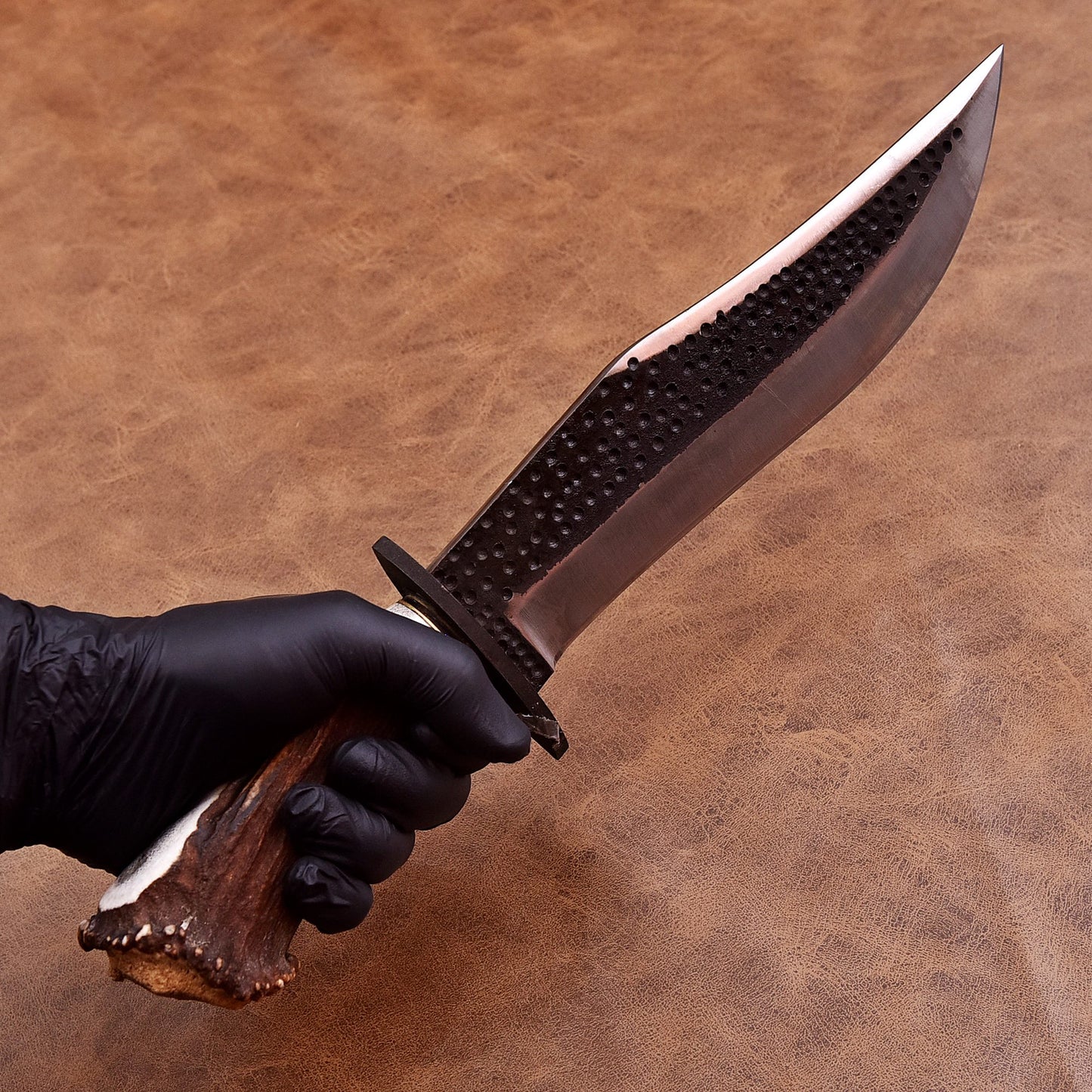 Carbon Steel Bowie Knife with Genuine Stag Handle & Leather Sheath – Rugged Outdoor Blade