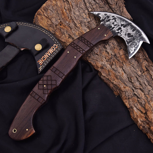 Hand-Forged Damascus Steel Viking Bearded Axe – Hardwood Handle with Leather Sheath