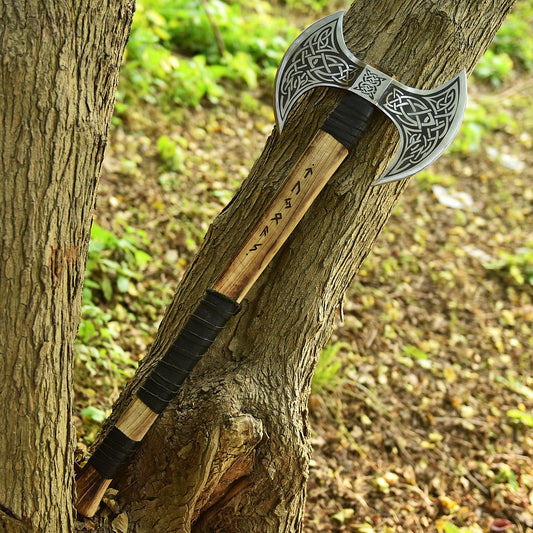 Double-Headed Viking Battle Axe with Wrapped Wooden Handle