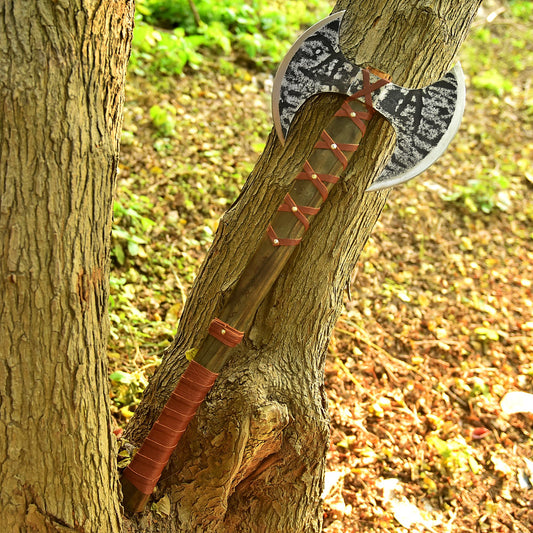Forged Viking Double-Headed Axe | Battle-Ready Carbon Steel Blade with Leather-Wrapped Handle