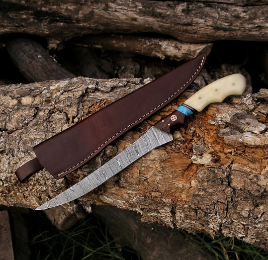Handmade Damascus Steel Fillet Knife – Bone & Wood Handle with Leather Sheath | Precision Fish & Meat Knife