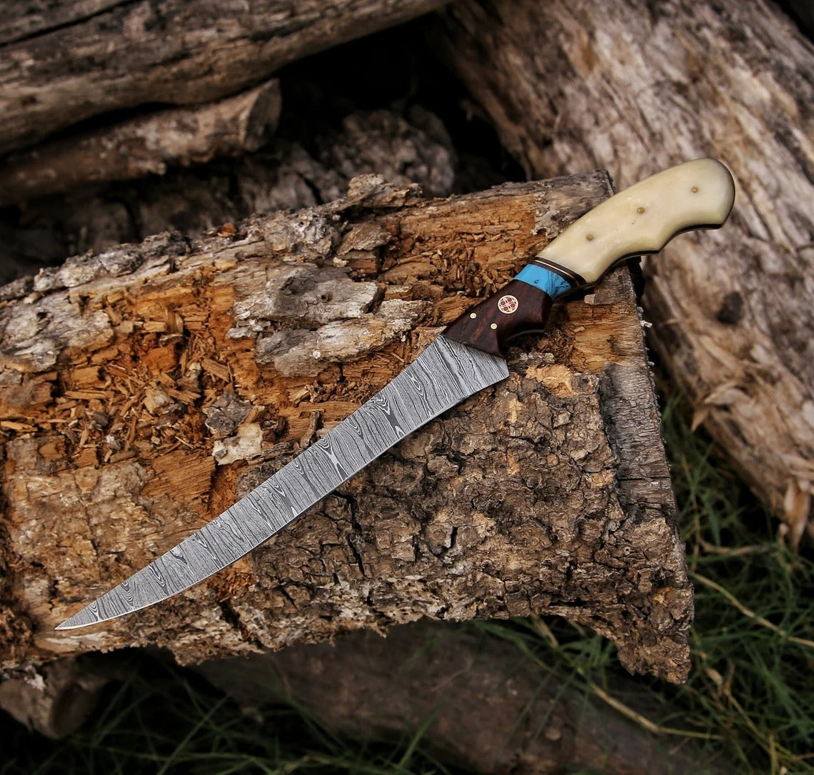 Handmade Damascus Steel Fillet Knife – Bone & Wood Handle with Leather Sheath | Precision Fish & Meat Knife