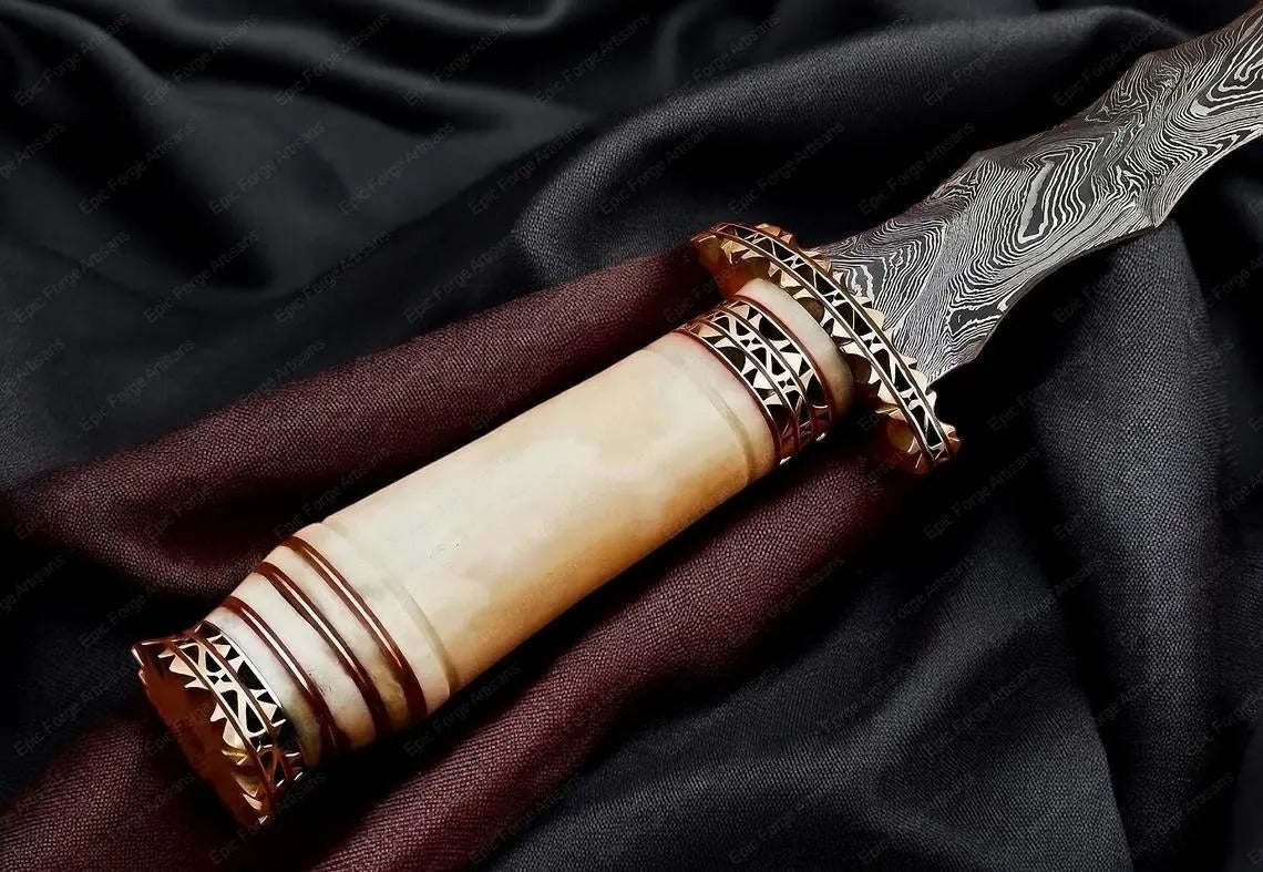 Hand-Forged Wavy Damascus Dagger – Camel Bone Handle | Ornate Collector’s Blade