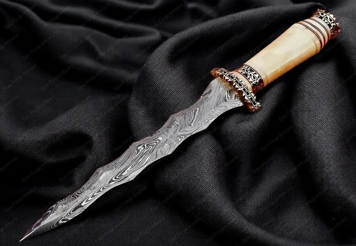 Hand-Forged Wavy Damascus Dagger – Camel Bone Handle | Ornate Collector’s Blade