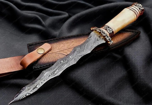Hand-Forged Wavy Damascus Dagger – Camel Bone Handle | Ornate Collector’s Blade