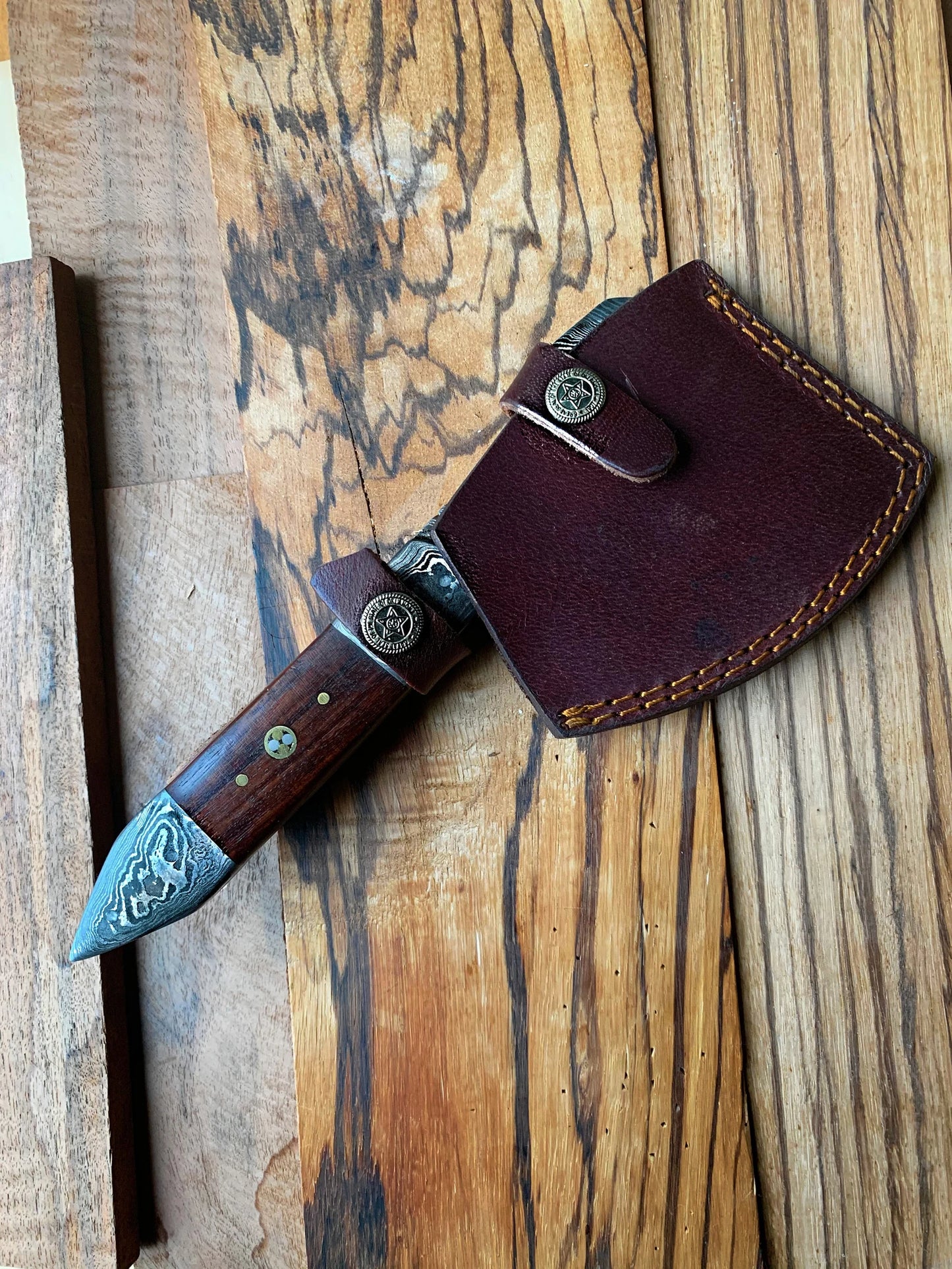 Viking Damascus Steel Camping Hatchet – Hardwood Handle with Leather Sheath