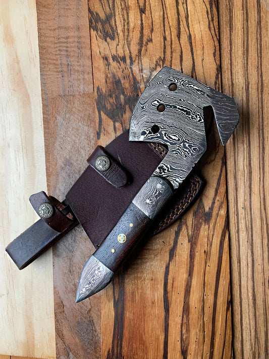Viking Damascus Steel Camping Hatchet – Hardwood Handle with Leather Sheath