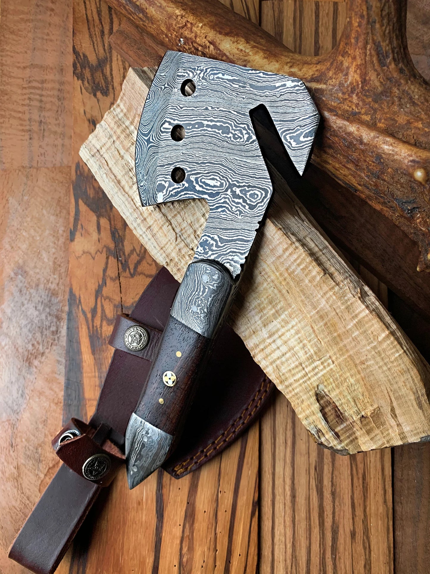 Viking Damascus Steel Camping Hatchet – Hardwood Handle with Leather Sheath