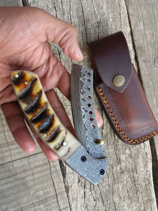 Handmade Damascus Steel Folding Pocket Knife – Himalayan Ram Horn Handle | Custom EDC Blade