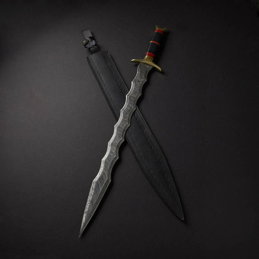 Damascus Steel Wavy Sword – Hand-Forged Flame Blade with Leather Sheath | Collector’s Fantasy Sword