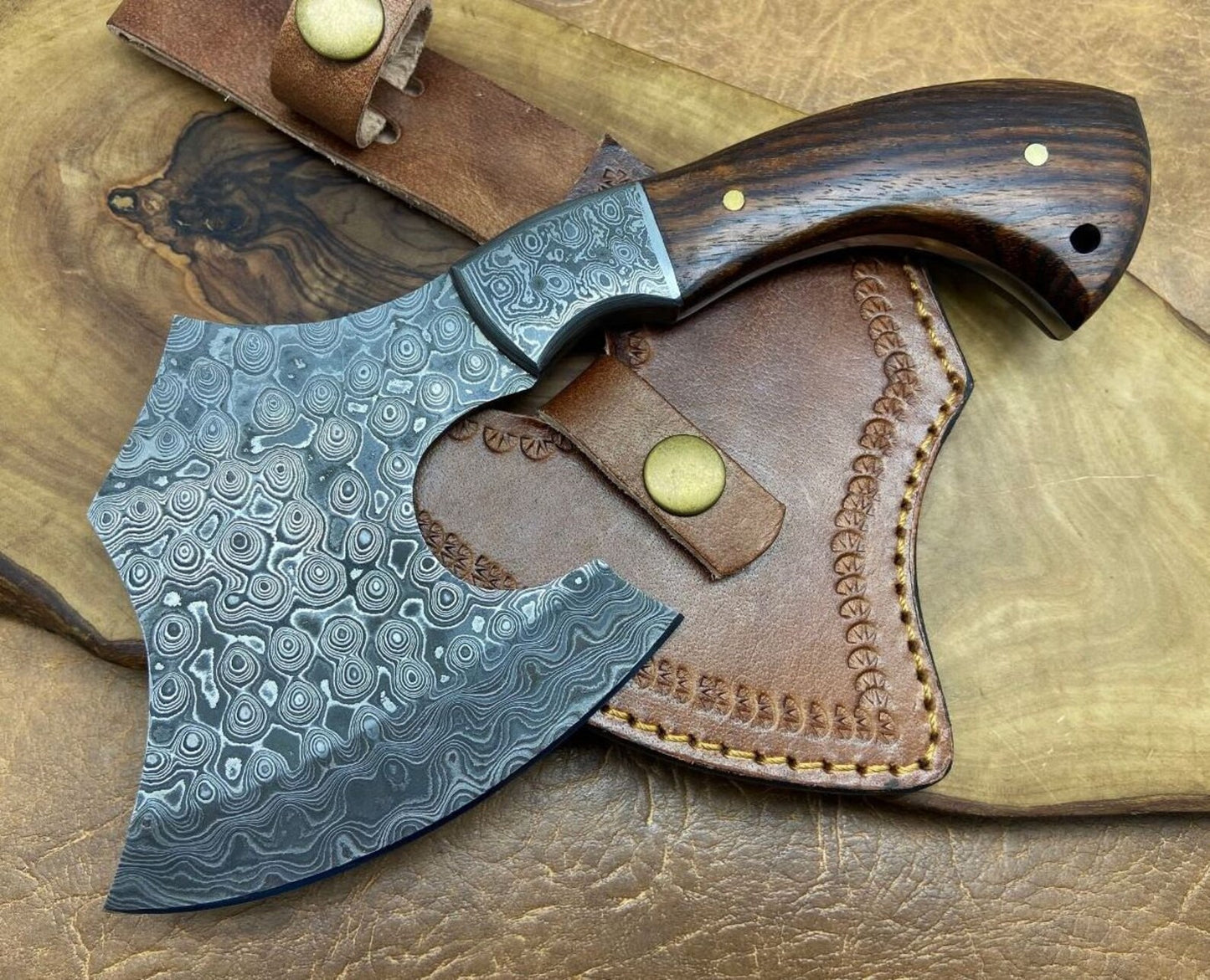 Damascus Steel Bearded Axe – Wooden Handle & Leather Sheath | Bushcraft & Hunting