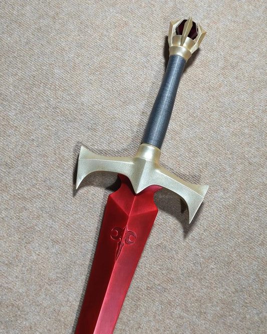 Red Blade Fantasy Sword – Two-Handed Heroic Greatsword with Gold Crossguard
