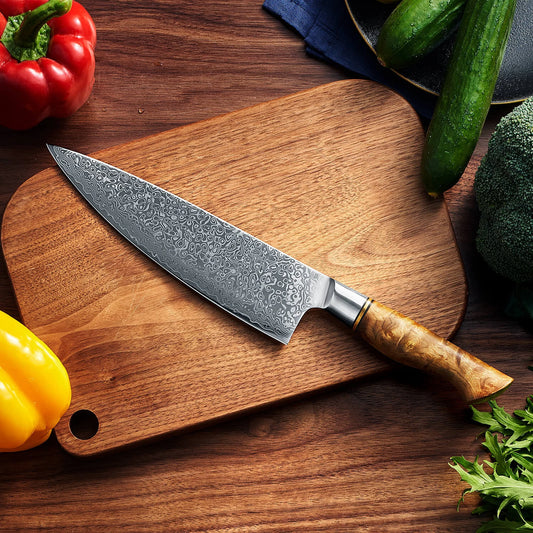 Handmade Damascus Steel Chef Knife – Patterned Blade with Polished Wood Handle | Premium Kitchen Knife