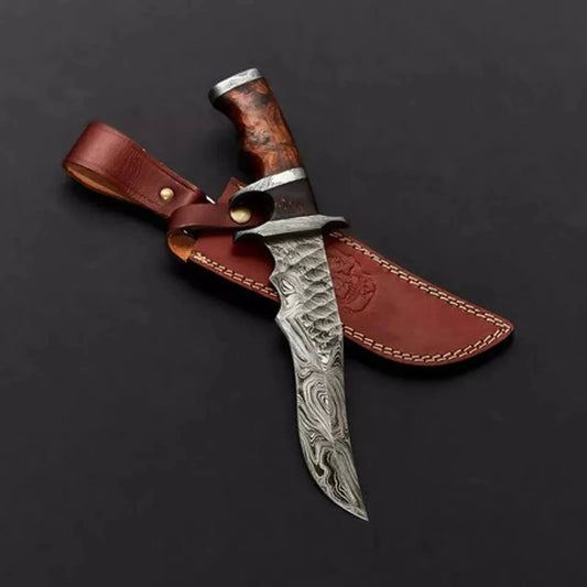 Handmade Damascus Steel Tactical Knife – Curved Clip Point Blade with Wooden Handle