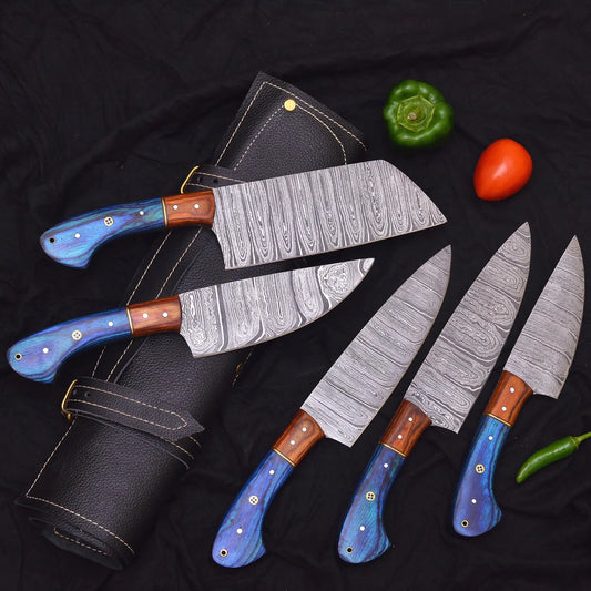 Handmade Damascus Steel Chef Knife Set – 5-Piece Culinary Set with Blue Wood Handles & Leather Roll