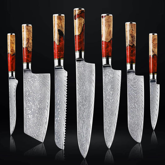 Handmade Damascus Steel Kitchen Knife Set – 7-Piece Professional Chef Collection with Resin & Burl Wood Handles
