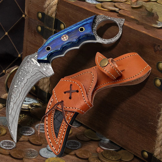 Damascus Steel Karambit Throwing Knife – Curved Blade for Tactical & Precision Use