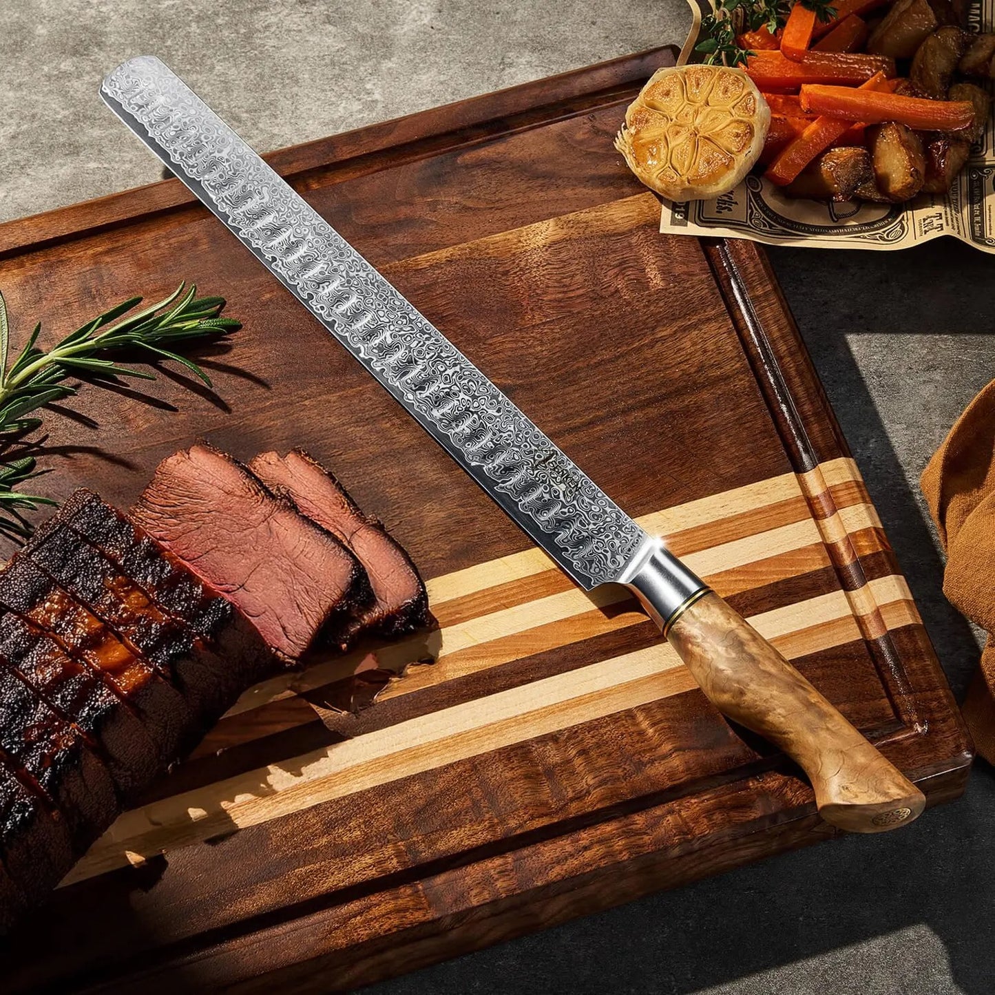 Beautifully Crafted Damascus Steel 12" Brisket Knife with Sycamore Wood Handle