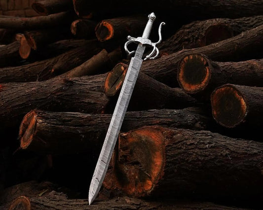 Damascus steel French Rapier Sword – Renaissance-Era Fencing Blade with Ornate Swept Hilt & Scabbard