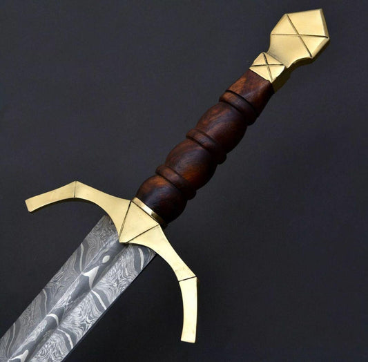 Hand-Forged Damascus Steel Medieval Sword – Brass Guard & Wooden Handle | Collector’s Knight Blade