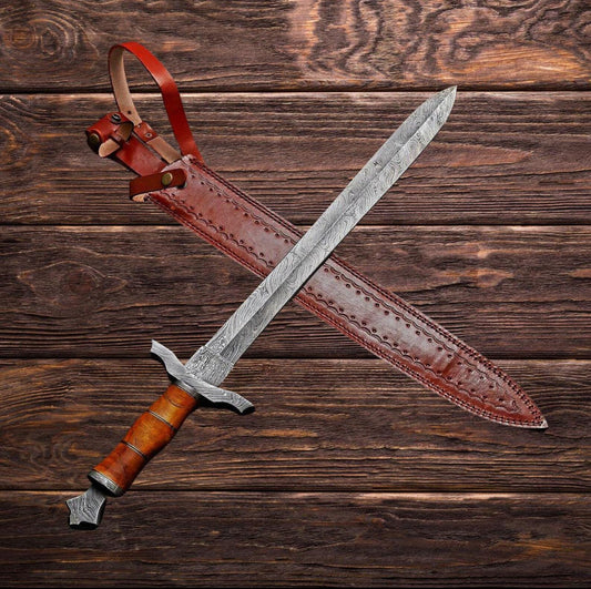 Handmade Damascus Steel Medieval Sword – Full Tang Blade with Leather Sheath | Collector’s Knight Sword