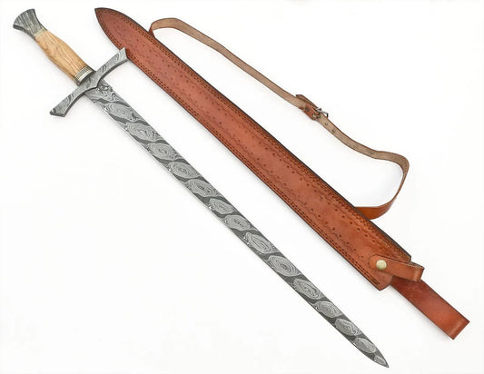 Hand-Forged Damascus Steel Medieval Sword – Damascus Guard & Wooden Grip | Knight’s Longsword