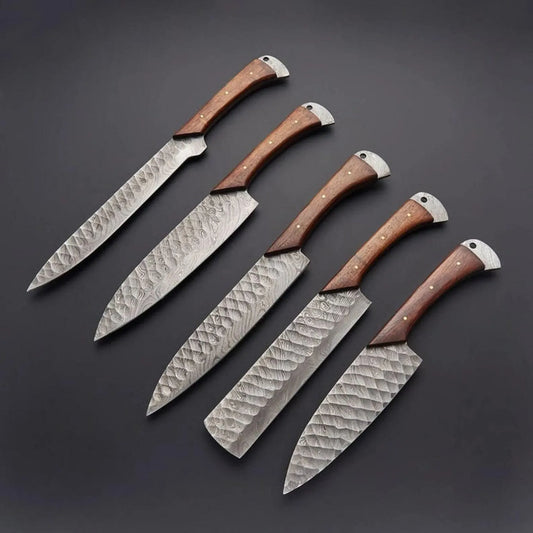 Hand-Forged Damascus Steel Kitchen Knife Set – 5-Piece Chef Collection with Hammered Finish & Wood Handles