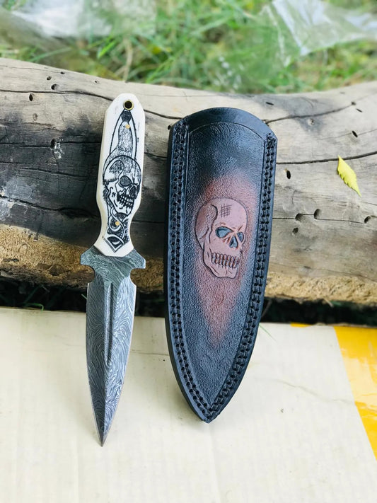 Personalized Damascus Steel Dagger – Handmade Blade with Custom Engraved Leather Sheath
