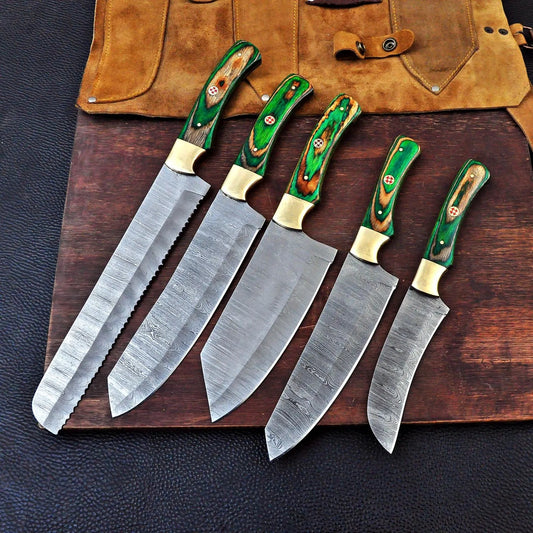 Premium 5-Piece Damascus Steel Kitchen Knife Set – Wooden Handle