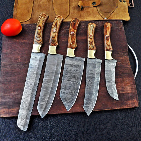 Damascus Steel Chef Knife Set – 5 Piece Kitchen Collection with Wood Handles