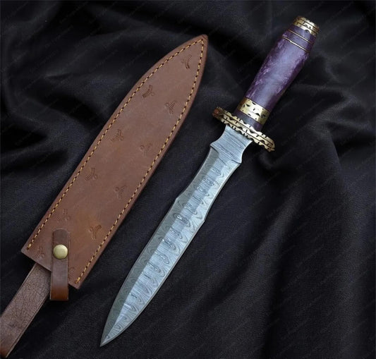 Handmade Damascus Steel Dagger – Purple Resin Handle with Brass Guard & Leather Sheath | Custom Fantasy Blade