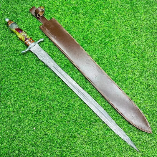 Damascus Steel Medieval Fantasy Sword – Resin Handle with Leather Sheath