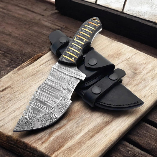 Damascus Steel Tracker Knife with Sculpted Handle and Leather Sheath