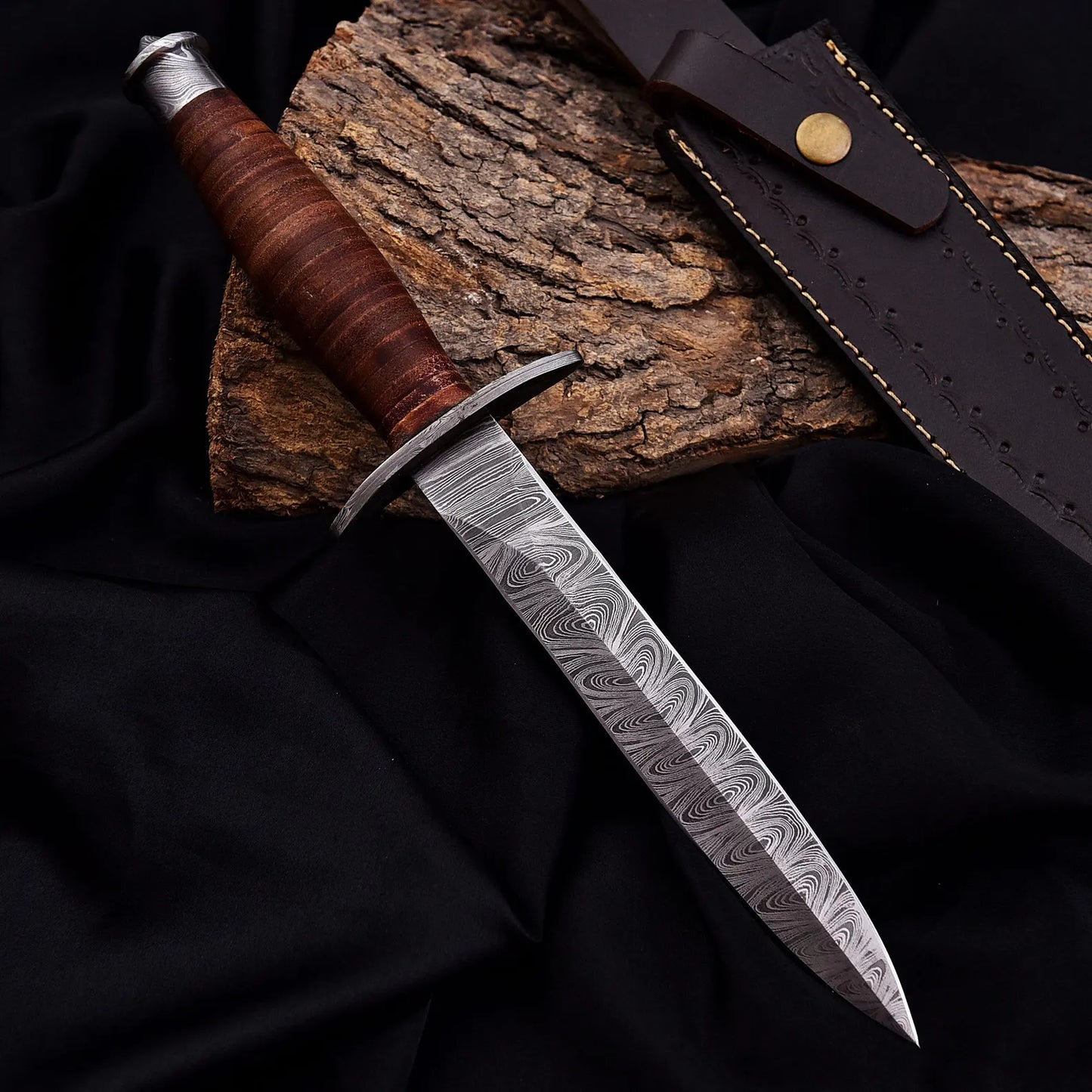 Personalized WWII Replica Dagger – Hand-Forged Damascus Steel with Leather Stacked Handle | Military Tribute Blade