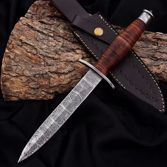 Personalized WWII Replica Dagger – Hand-Forged Damascus Steel with Leather Stacked Handle | Military Tribute Blade
