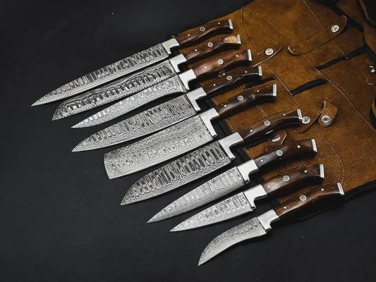 Handmade Damascus Steel Chef Knife Set – 9-Piece Culinary Collection with Wooden Handles & Leather Roll
