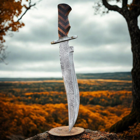 Hand-Forged Damascus Steel Bowie Knife – Wood Handle with Leather Sheath | Outdoor & Collector’s Blade
