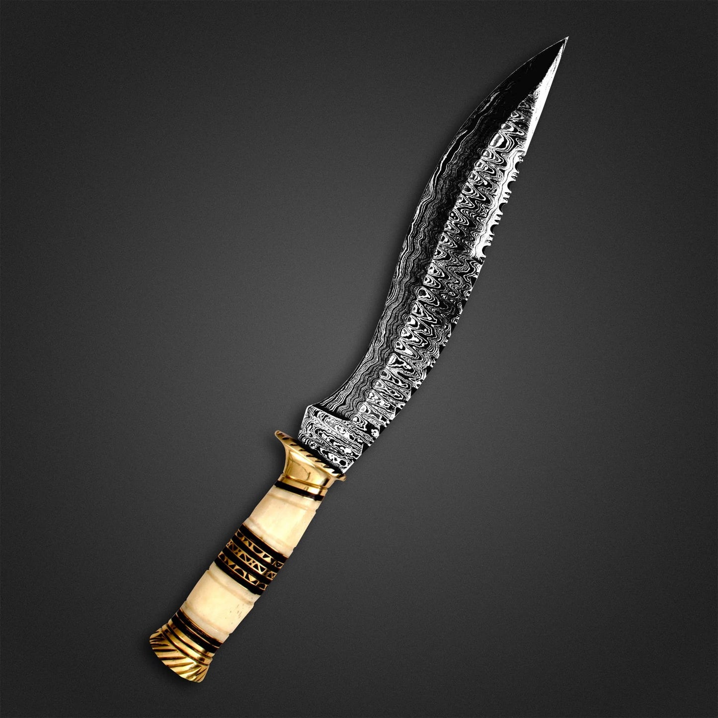 Handmade Damascus Steel Kukri Knife – Carved Bone Handle with Brass Accents & Leather Sheath