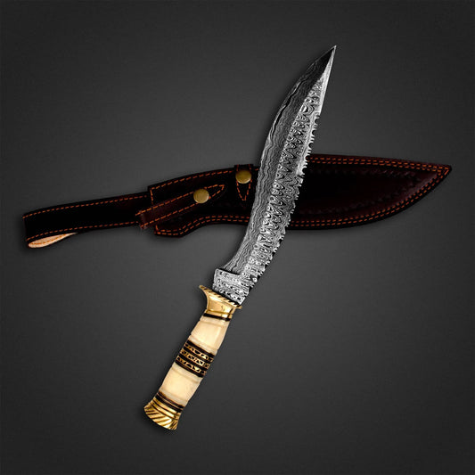 Handmade Damascus Steel Kukri Knife – Carved Bone Handle with Brass Accents & Leather Sheath