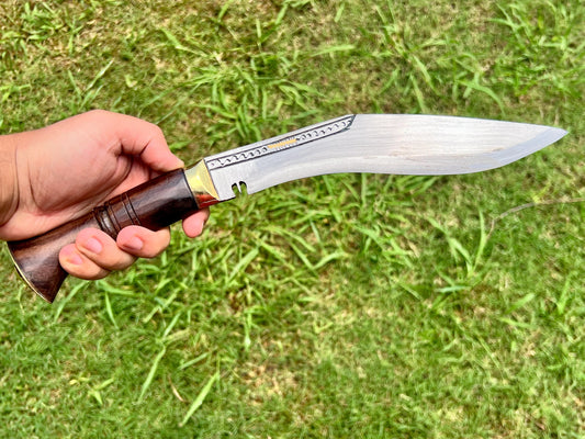 Traditional Kukri Knife with Wooden Handle and Carved Spine – Includes Sheath