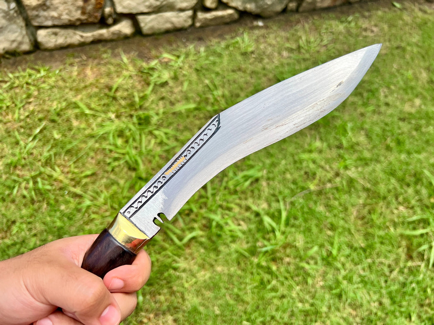 Traditional Kukri Knife with Wooden Handle and Carved Spine – Includes Sheath