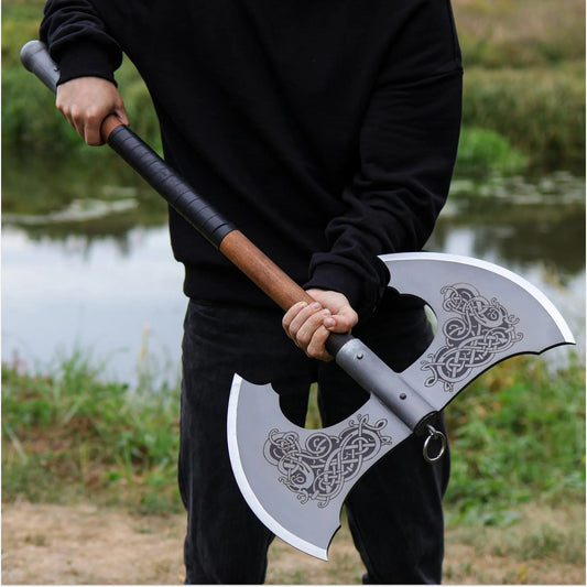 Viking Double-Headed Battle Axe – Norse Knotwork Engraving & Hardwood Shaft | Two-Handed Warrior Axe