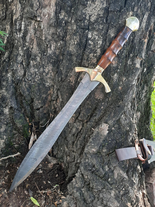 Hand-Forged Damascus Steel Viking Short Sword – Norse-Inspired Blade with Leather Sheath