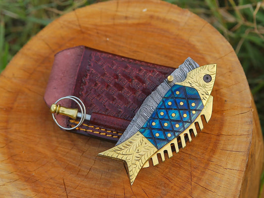 Fish-Shaped Damascus Folding Knife | Unique Collector’s EDC with Leather Case