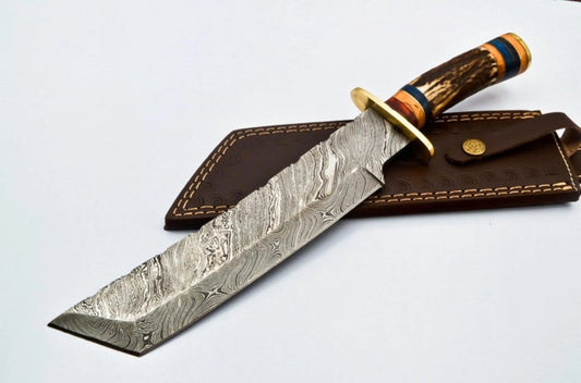 Handmade Damascus Steel Bowie Knife – Stag Antler Handle & Brass Guard with Leather Sheath