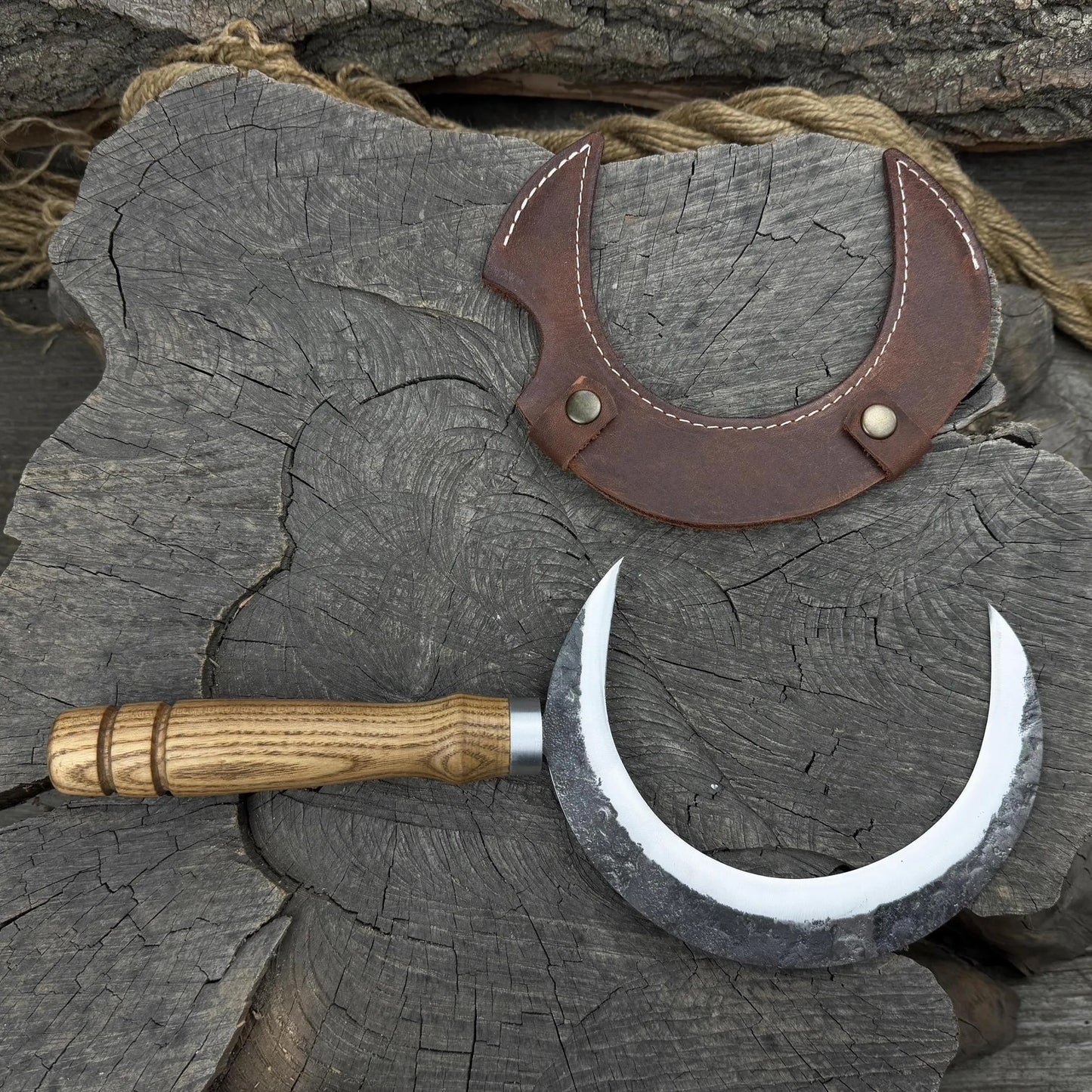 Hand-Forged Medieval Sickle – Curved Carbon Steel Blade with Carved Wood Handle