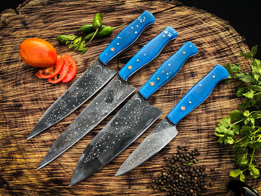 Galaxy Etched Chef Knife Set – 5-Piece Culinary Set with Star Pattern Blades & Blue Resin Handles